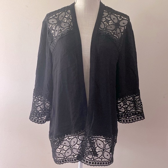NY collection woman’s black 💯rayon lightweight cardigan with lace trim size L - Picture 1 of 12